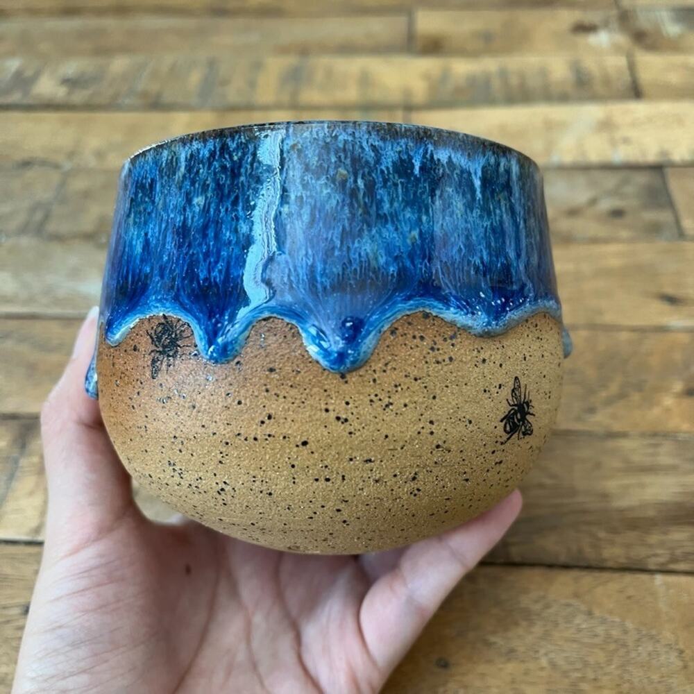 Handmade Stoneware Bowl Speckled Glossy Blue Drip Glaze Black Bees